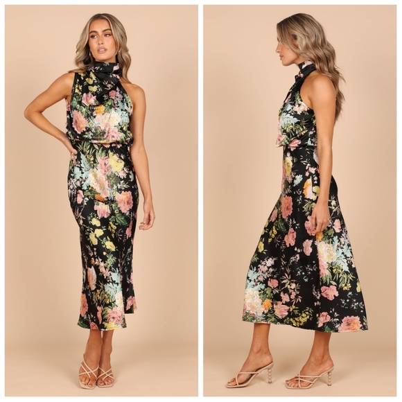NWT Petal & Pup Anabelle Halter Neck Midi Sun Dress in Black Floral XS Sundress - Picture 2 of 12